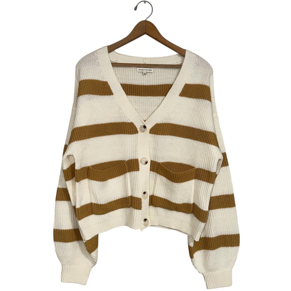 Anthropologie Moon River Cream Brown Stripe Cardigan Sweater Women's Size‎ L - Picture 3 of 9